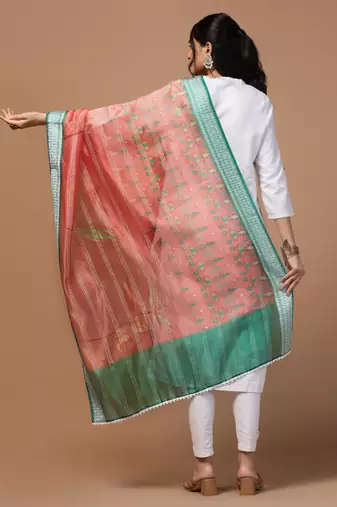 Digital Ethnic Motif Print Orgenza Khadi Silk Crochet Work Regular Dupatta Wear on Kurti For Women and Girls