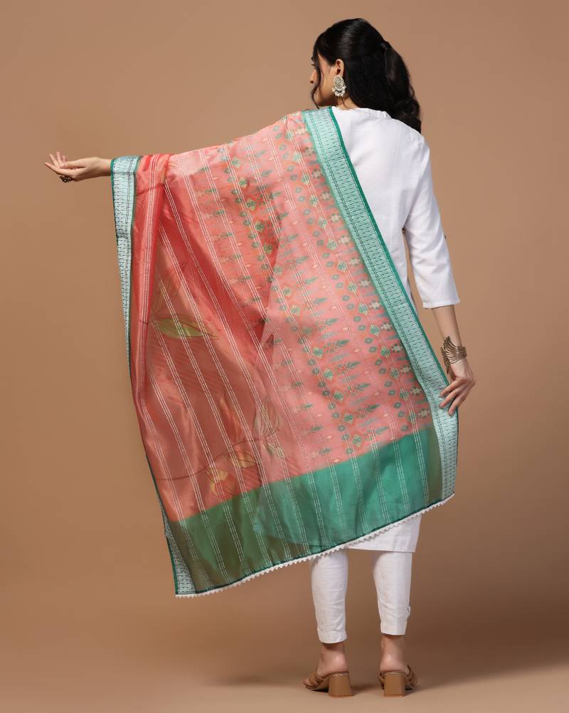 Digital Ethnic Motif Print Orgenza Khadi Silk Crochet Work Regular Dupatta Wear on Kurti For Women and Girls