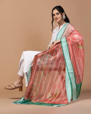 Digital Ethnic Motif Print Orgenza Khadi Silk Crochet Work Regular Dupatta Wear on Kurti For Women and Girls 6