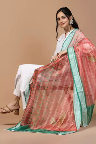Digital Ethnic Motif Print Orgenza Khadi Silk Crochet Work Regular Dupatta Wear on Kurti For Women and Girls