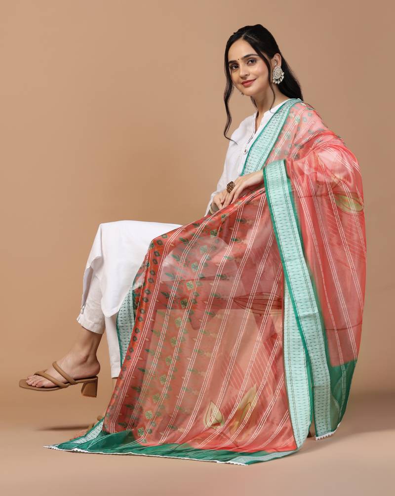 Digital Ethnic Motif Print Orgenza Khadi Silk Crochet Work Regular Dupatta Wear on Kurti For Women and Girls