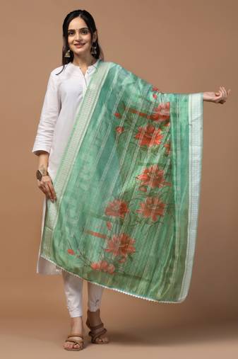 Digital Ethnic Motif Print Orgenza Khadi Silk Crochet Work Regular Dupatta Wear on Kurti For Women and Girls