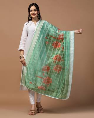 Digital Ethnic Motif Print Orgenza Khadi Silk Crochet Work Regular Dupatta Wear on Kurti For Women and Girls 1