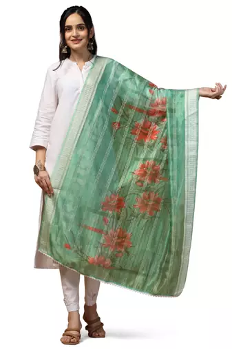 Digital Ethnic Motif Print Orgenza Khadi Silk Crochet Work Regular Dupatta Wear on Kurti For Women and Girls