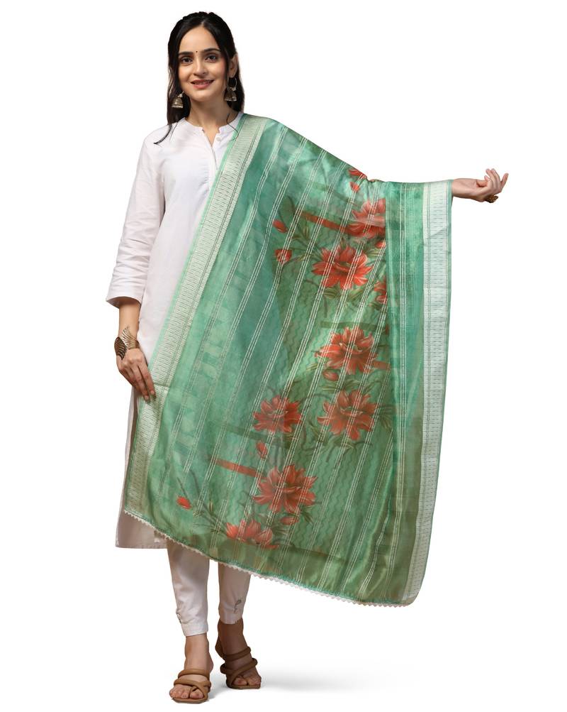 Digital Ethnic Motif Print Orgenza Khadi Silk Crochet Work Regular Dupatta Wear on Kurti For Women and Girls