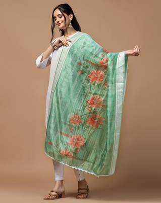Digital Ethnic Motif Print Orgenza Khadi Silk Crochet Work Regular Dupatta Wear on Kurti For Women and Girls 3