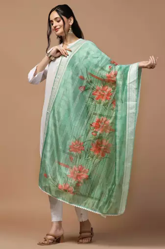 Digital Ethnic Motif Print Orgenza Khadi Silk Crochet Work Regular Dupatta Wear on Kurti For Women and Girls