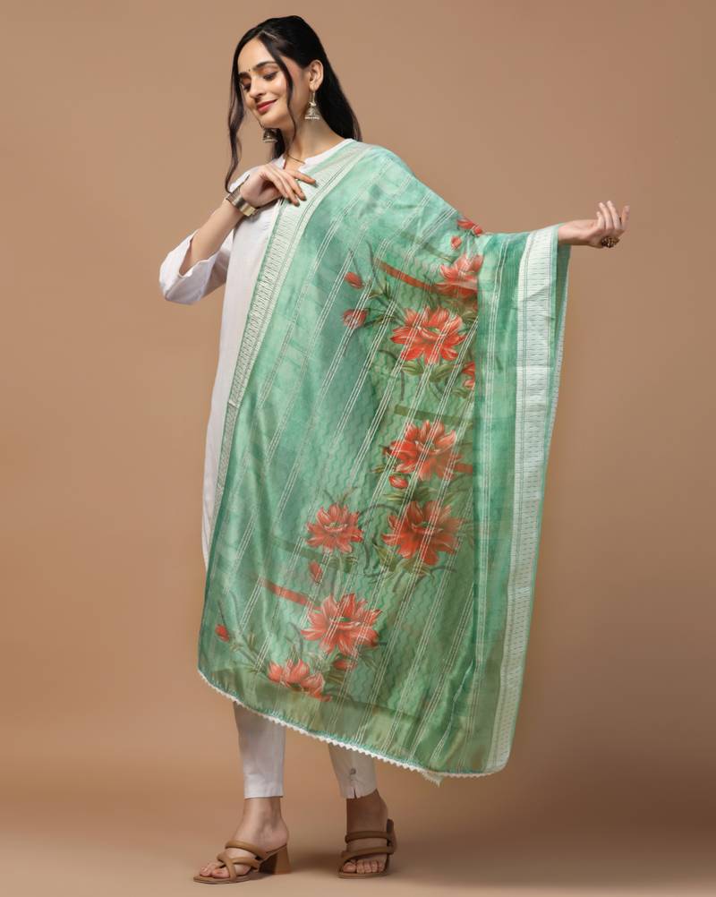 Digital Ethnic Motif Print Orgenza Khadi Silk Crochet Work Regular Dupatta Wear on Kurti For Women and Girls