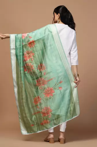 Digital Ethnic Motif Print Orgenza Khadi Silk Crochet Work Regular Dupatta Wear on Kurti For Women and Girls