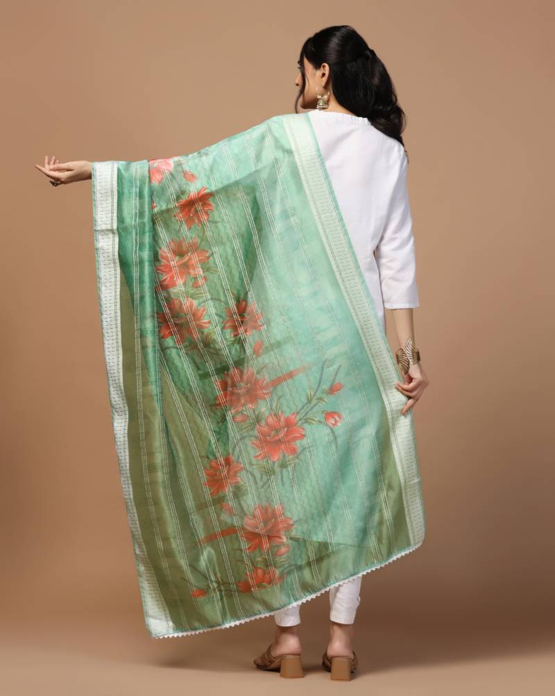 Digital Ethnic Motif Print Orgenza Khadi Silk Crochet Work Regular Dupatta Wear on Kurti For Women and Girls