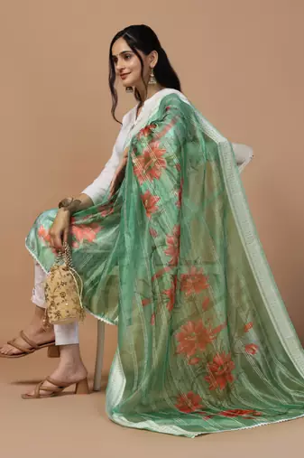 Digital Ethnic Motif Print Orgenza Khadi Silk Crochet Work Regular Dupatta Wear on Kurti For Women and Girls