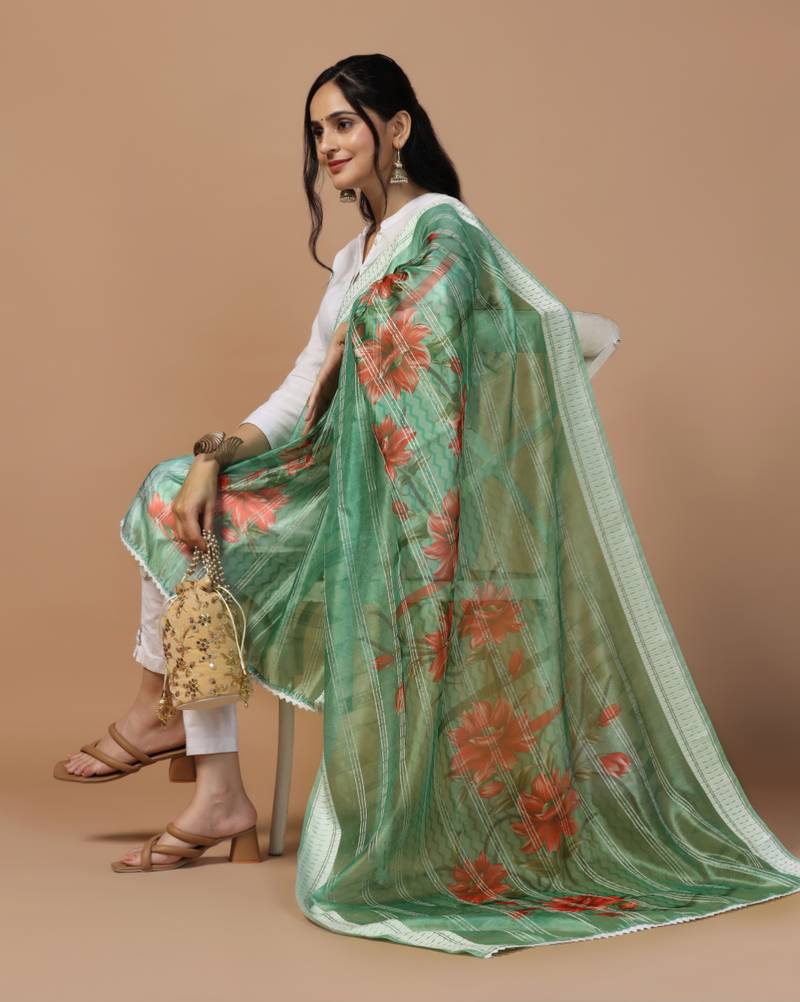 Digital Ethnic Motif Print Orgenza Khadi Silk Crochet Work Regular Dupatta Wear on Kurti For Women and Girls