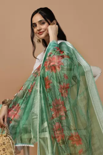 Digital Ethnic Motif Print Orgenza Khadi Silk Crochet Work Regular Dupatta Wear on Kurti For Women and Girls