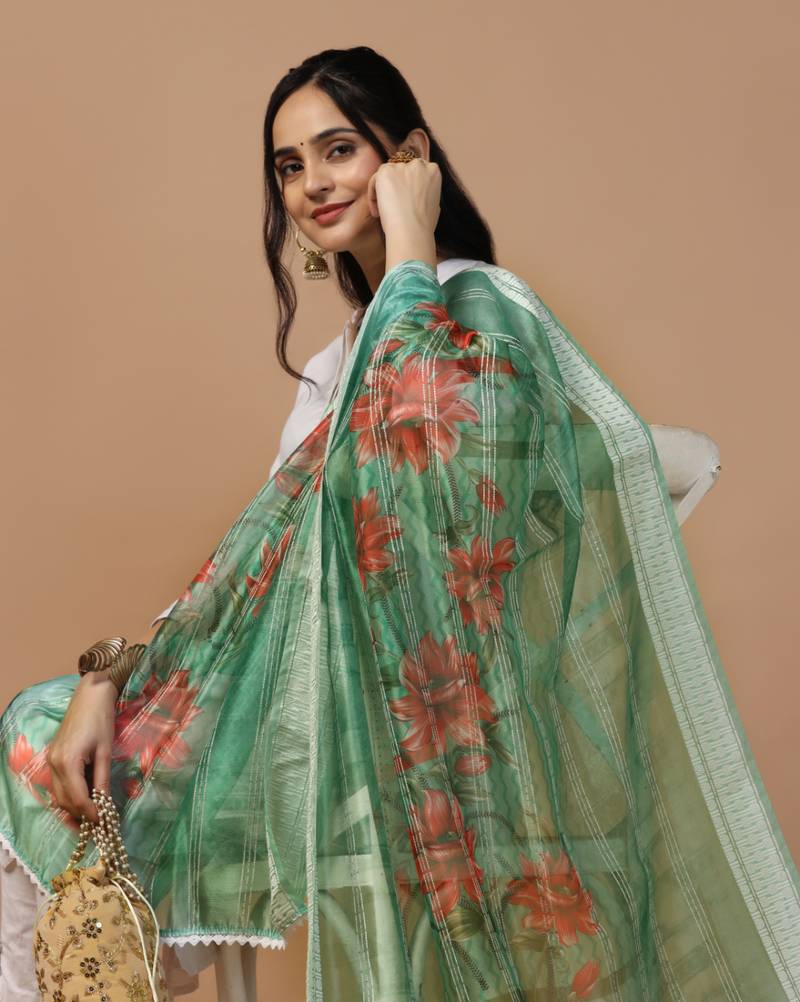 Digital Ethnic Motif Print Orgenza Khadi Silk Crochet Work Regular Dupatta Wear on Kurti For Women and Girls