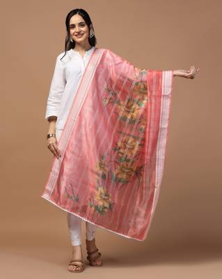 Digital Ethnic Motif Print Orgenza Khadi Silk Crochet Work Regular Dupatta Wear on Kurti For Women and Girls 1