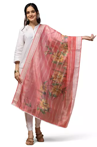 Digital Ethnic Motif Print Orgenza Khadi Silk Crochet Work Regular Dupatta Wear on Kurti For Women and Girls