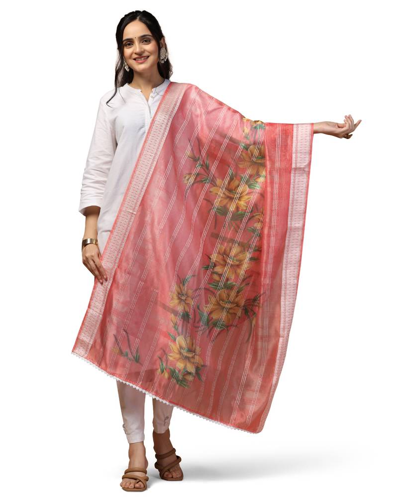 Digital Ethnic Motif Print Orgenza Khadi Silk Crochet Work Regular Dupatta Wear on Kurti For Women and Girls