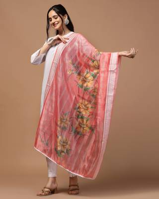 Digital Ethnic Motif Print Orgenza Khadi Silk Crochet Work Regular Dupatta Wear on Kurti For Women and Girls 3