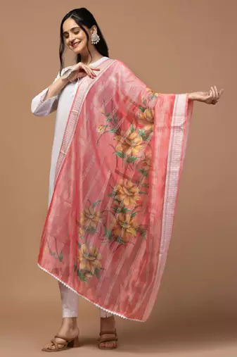 Digital Ethnic Motif Print Orgenza Khadi Silk Crochet Work Regular Dupatta Wear on Kurti For Women and Girls