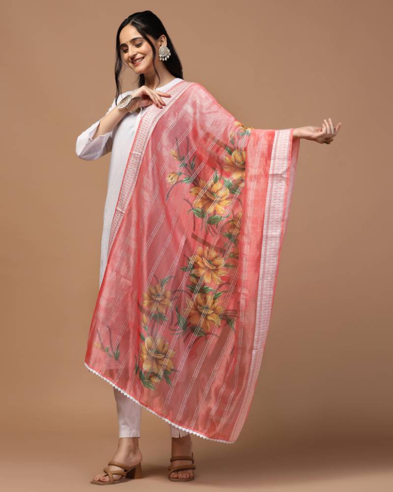 Digital Ethnic Motif Print Orgenza Khadi Silk Crochet Work Regular Dupatta Wear on Kurti For Women and Girls