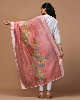 Digital Ethnic Motif Print Orgenza Khadi Silk Crochet Work Regular Dupatta Wear on Kurti For Women and Girls 4