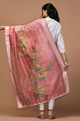 Digital Ethnic Motif Print Orgenza Khadi Silk Crochet Work Regular Dupatta Wear on Kurti For Women and Girls