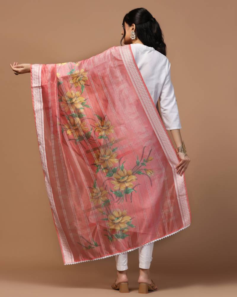 Digital Ethnic Motif Print Orgenza Khadi Silk Crochet Work Regular Dupatta Wear on Kurti For Women and Girls