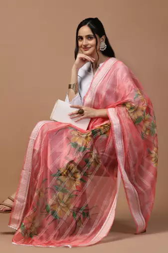 Digital Ethnic Motif Print Orgenza Khadi Silk Crochet Work Regular Dupatta Wear on Kurti For Women and Girls