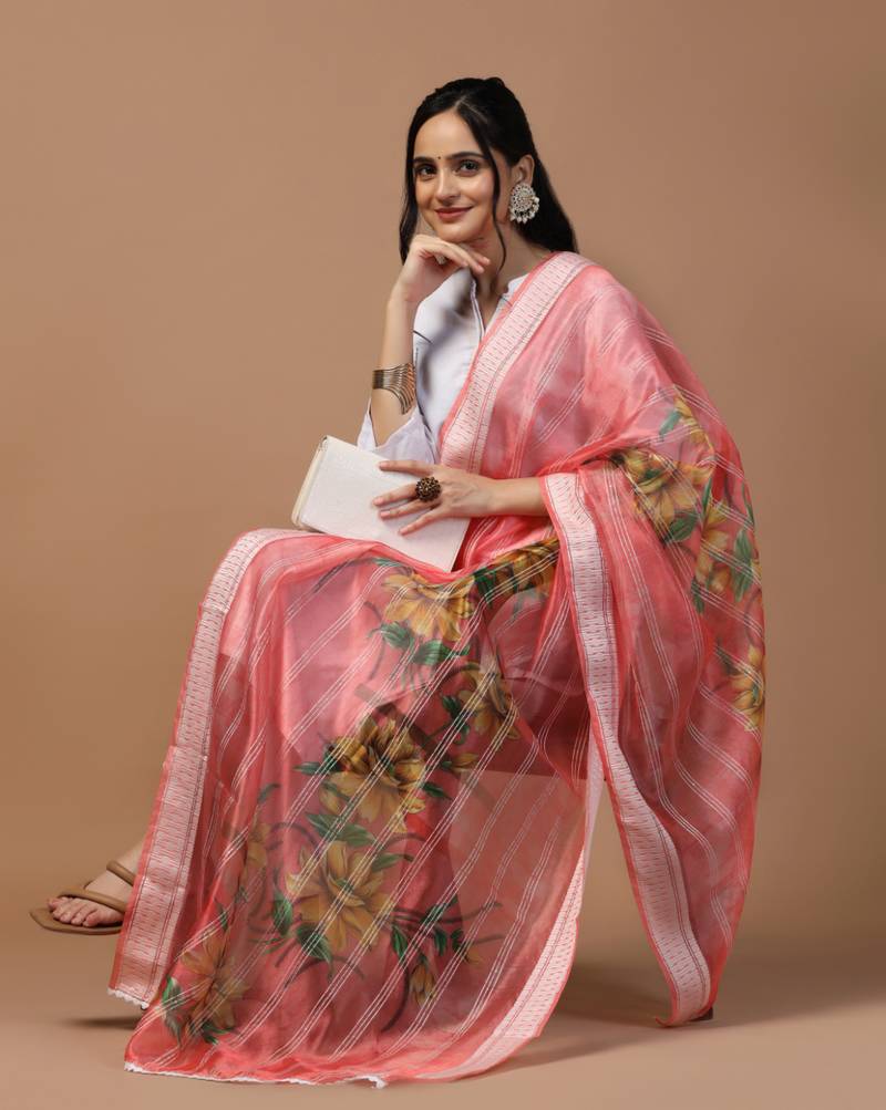 Digital Ethnic Motif Print Orgenza Khadi Silk Crochet Work Regular Dupatta Wear on Kurti For Women and Girls