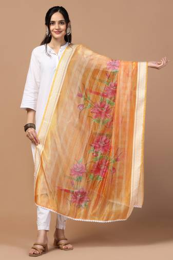 Digital Ethnic Motif Print Orgenza Khadi Silk Crochet Work Regular Dupatta Wear on Kurti For Women and Girls