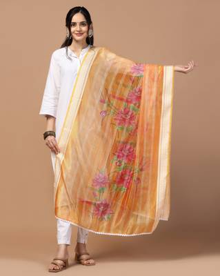 Digital Ethnic Motif Print Orgenza Khadi Silk Crochet Work Regular Dupatta Wear on Kurti For Women and Girls 1