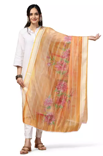 Digital Ethnic Motif Print Orgenza Khadi Silk Crochet Work Regular Dupatta Wear on Kurti For Women and Girls