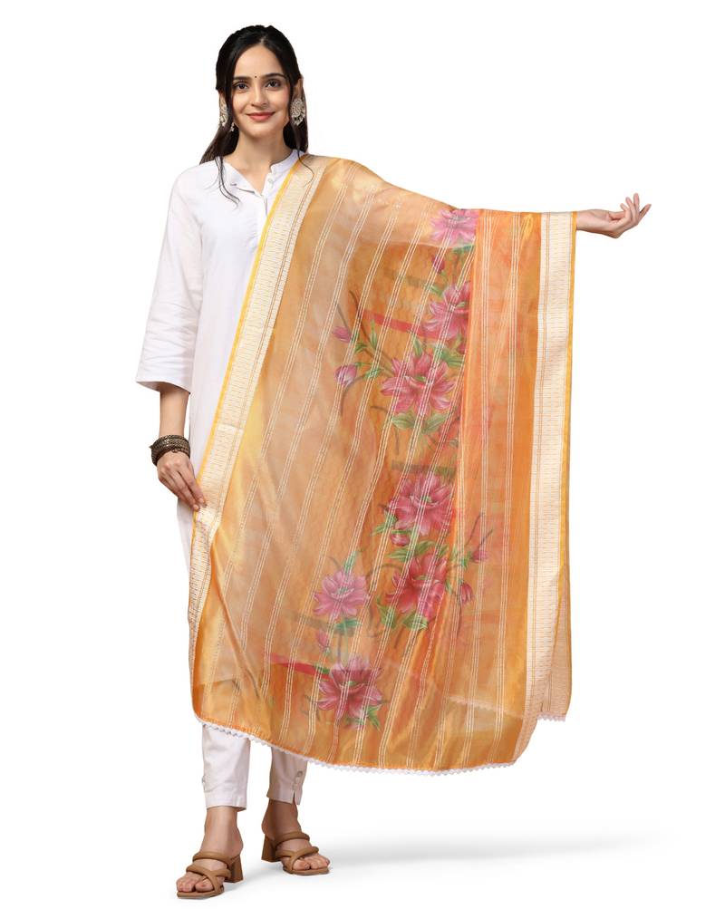 Digital Ethnic Motif Print Orgenza Khadi Silk Crochet Work Regular Dupatta Wear on Kurti For Women and Girls