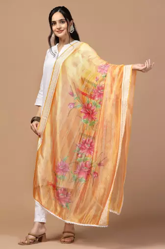 Digital Ethnic Motif Print Orgenza Khadi Silk Crochet Work Regular Dupatta Wear on Kurti For Women and Girls