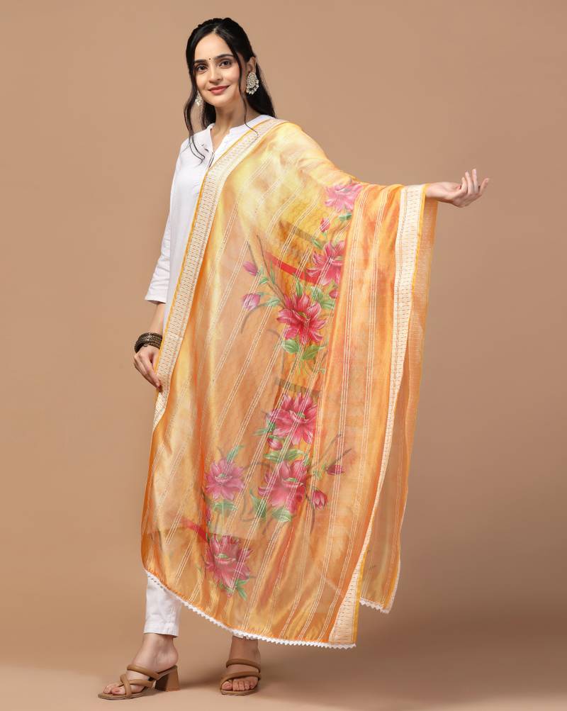 Digital Ethnic Motif Print Orgenza Khadi Silk Crochet Work Regular Dupatta Wear on Kurti For Women and Girls