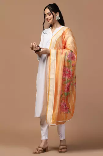 Digital Ethnic Motif Print Orgenza Khadi Silk Crochet Work Regular Dupatta Wear on Kurti For Women and Girls