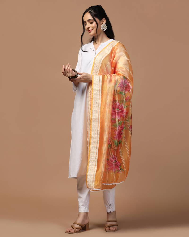 Digital Ethnic Motif Print Orgenza Khadi Silk Crochet Work Regular Dupatta Wear on Kurti For Women and Girls