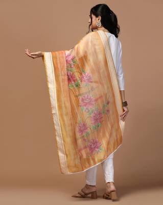 Digital Ethnic Motif Print Orgenza Khadi Silk Crochet Work Regular Dupatta Wear on Kurti For Women and Girls 5