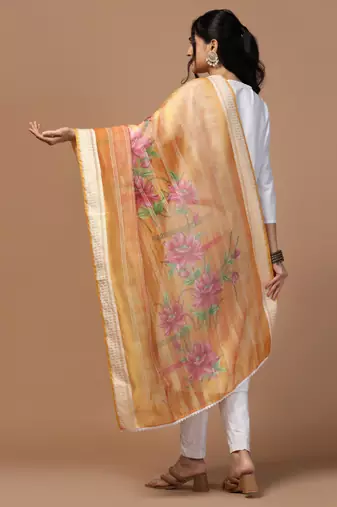 Digital Ethnic Motif Print Orgenza Khadi Silk Crochet Work Regular Dupatta Wear on Kurti For Women and Girls