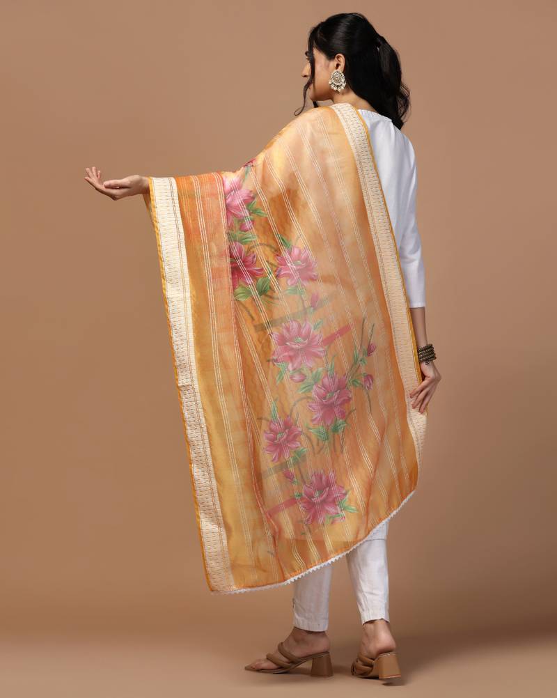 Digital Ethnic Motif Print Orgenza Khadi Silk Crochet Work Regular Dupatta Wear on Kurti For Women and Girls