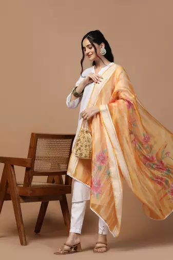 Digital Ethnic Motif Print Orgenza Khadi Silk Crochet Work Regular Dupatta Wear on Kurti For Women and Girls