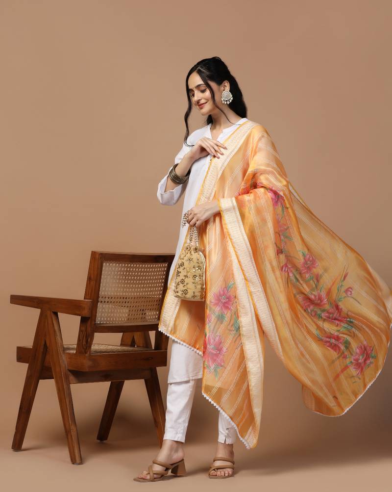 Digital Ethnic Motif Print Orgenza Khadi Silk Crochet Work Regular Dupatta Wear on Kurti For Women and Girls