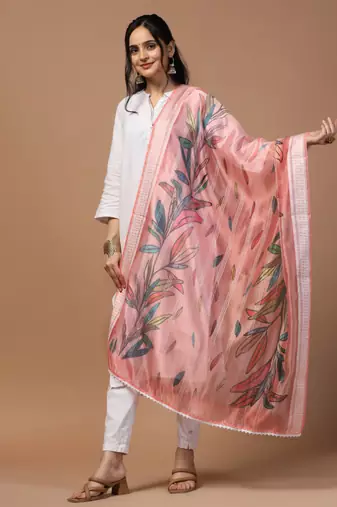 Digital Ethnic Motif Print Orgenza Khadi Silk Crochet Work Regular Dupatta Wear on Kurti For Women and Girls