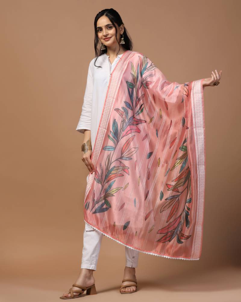 Digital Ethnic Motif Print Orgenza Khadi Silk Crochet Work Regular Dupatta Wear on Kurti For Women and Girls