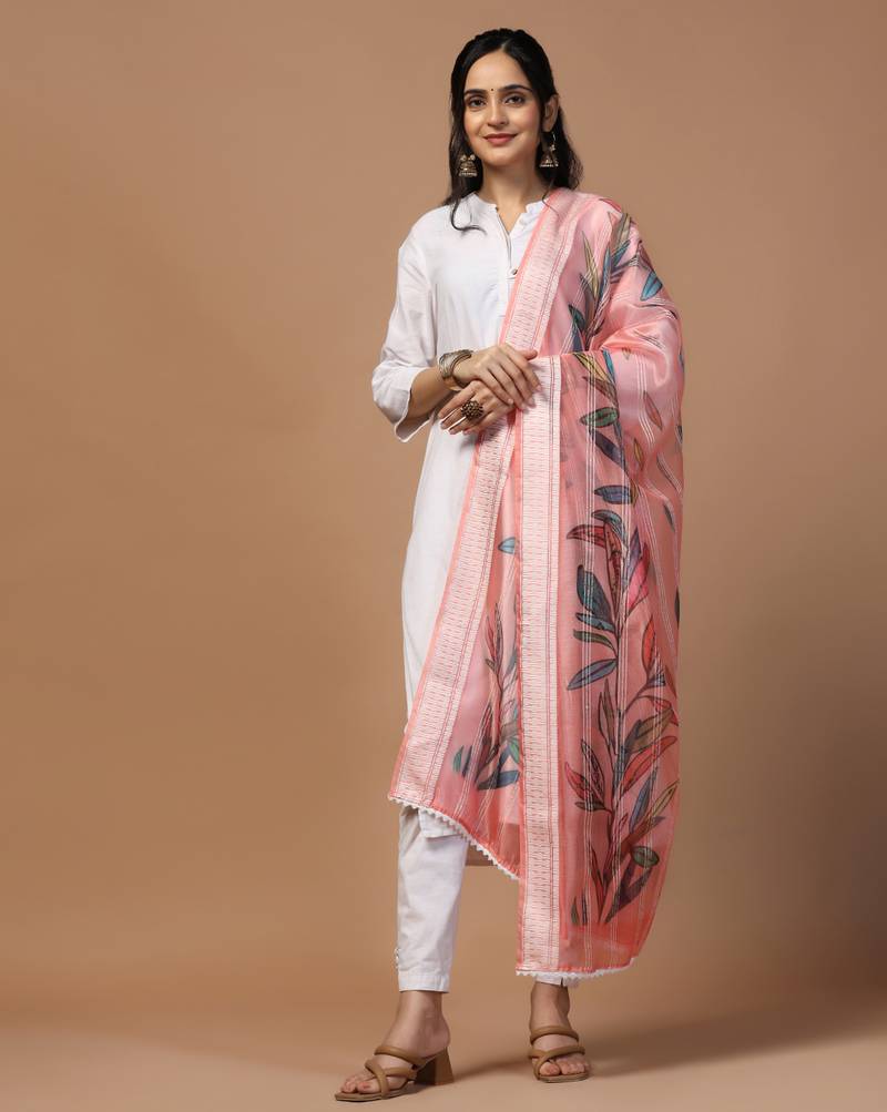 Digital Ethnic Motif Print Orgenza Khadi Silk Crochet Work Regular Dupatta Wear on Kurti For Women and Girls