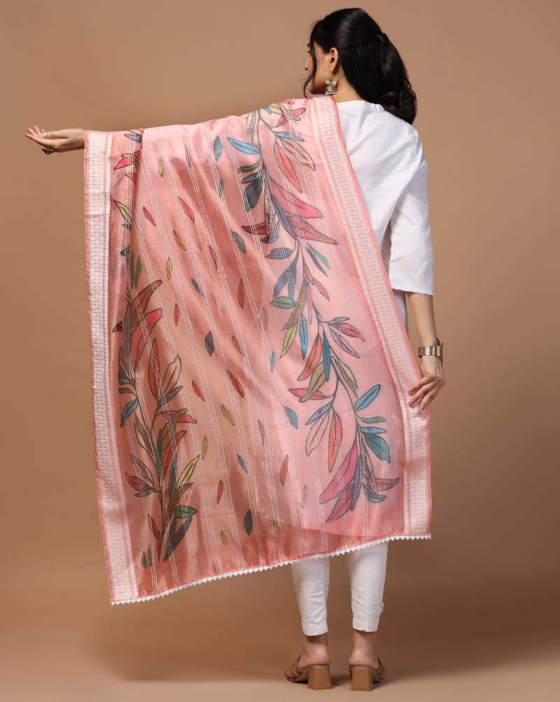 Digital Ethnic Motif Print Orgenza Khadi Silk Crochet Work Regular Dupatta Wear on Kurti For Women and Girls