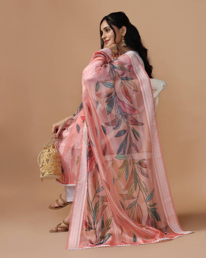 Digital Ethnic Motif Print Orgenza Khadi Silk Crochet Work Regular Dupatta Wear on Kurti For Women and Girls