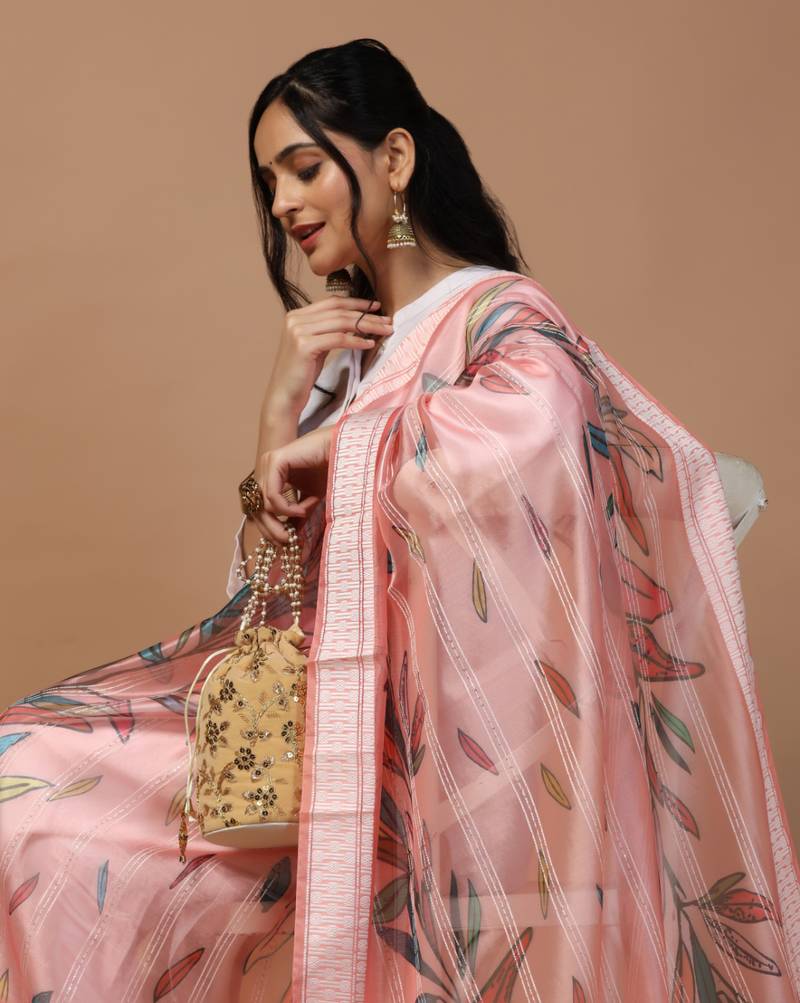 Digital Ethnic Motif Print Orgenza Khadi Silk Crochet Work Regular Dupatta Wear on Kurti For Women and Girls