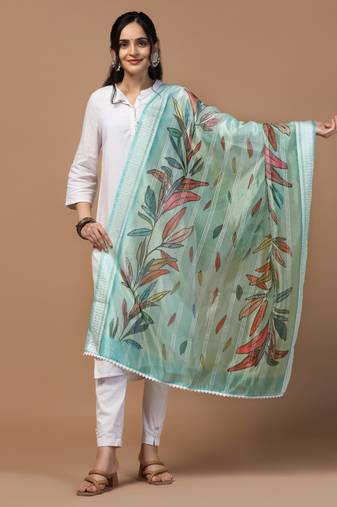Digital Ethnic Motif Print Orgenza Khadi Silk Crochet Work Regular Dupatta Wear on Kurti For Women and Girls