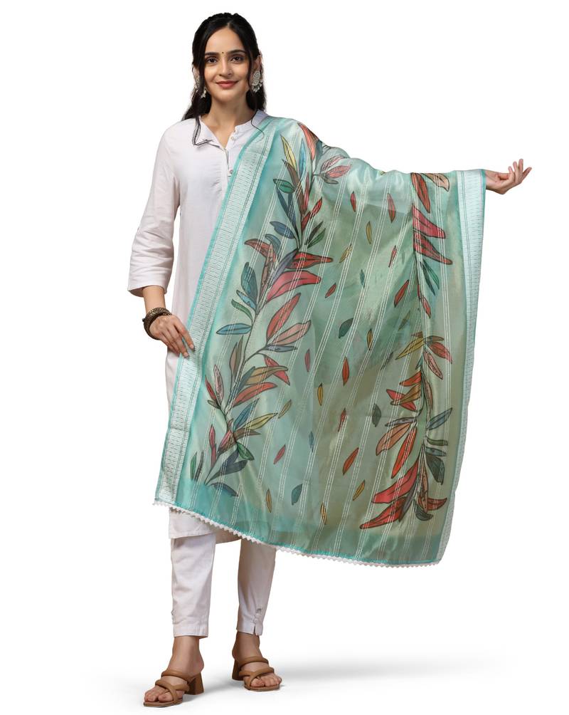 Digital Ethnic Motif Print Orgenza Khadi Silk Crochet Work Regular Dupatta Wear on Kurti For Women and Girls